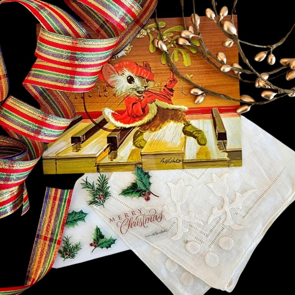 Instant Vintage Christmas Collection 1950s Hankie and Decor Bundle